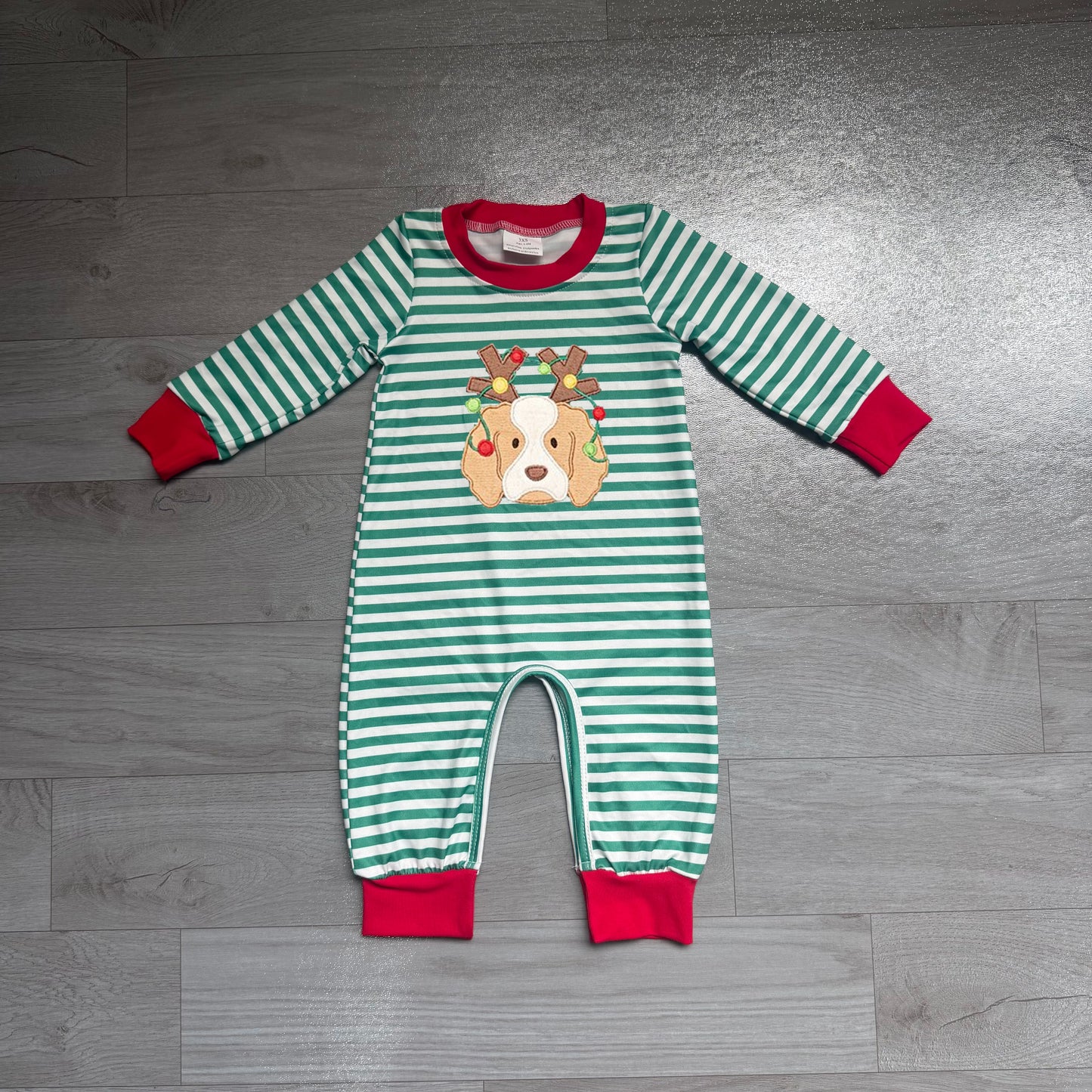 (Sample) No moq milk silk LR3146 Embroidery Baby Boys Green Stripe Light Dog Pant Romper Holiday Casual Outfit