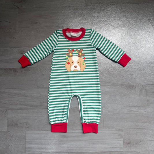 (Sample) No moq milk silk LR3146 Embroidery Baby Boys Green Stripe Light Dog Pant Romper Holiday Casual Outfit