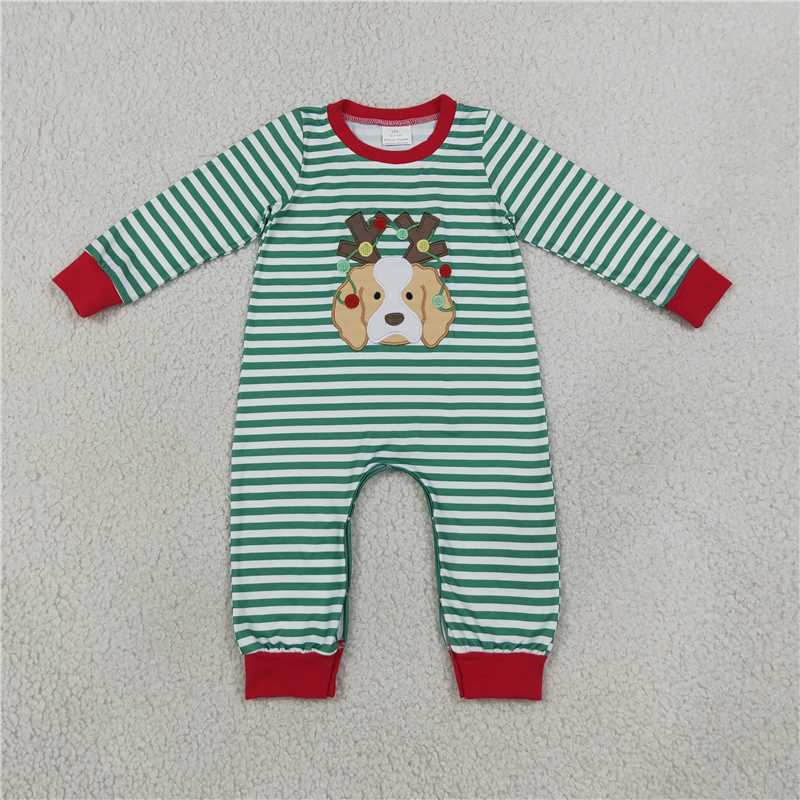 RTS NO MOQ Sibling milk silk Embroidery Baby Boys Girls Green White Stripe Christmas Reindeer Dog Print Romper And Ruffle Top Red Pant Set
