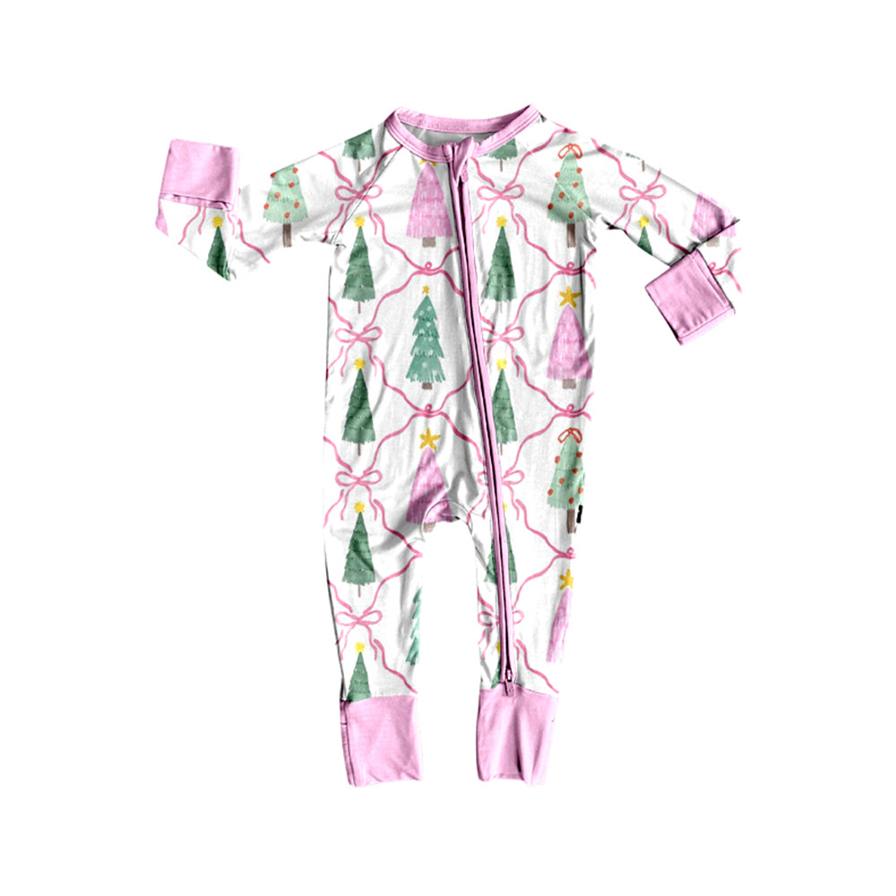 (Preorder new) No moq Baby Girls Christmas Tree Bow Print Long Sleeve Top And Pants Pajama Set Rompers Dress Blankets