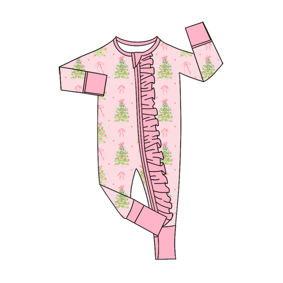 (Preorder new) No moq Baby Girls Christmas Pink Long Sleeve Ruffle Trim Two Way Zipper Convertible Romper