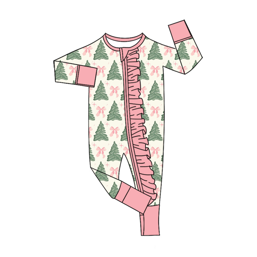 (Preorder new) No moq Baby Girls Christmas Pink Long Sleeve Ruffle Trim Two Way Zipper Convertible Romper