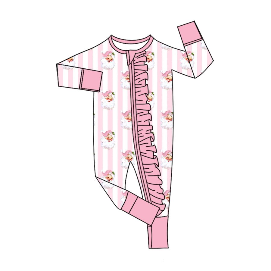 (Preorder new) No moq Baby Girls Christmas Pink Long Sleeve Ruffle Trim Two Way Zipper Convertible Romper
