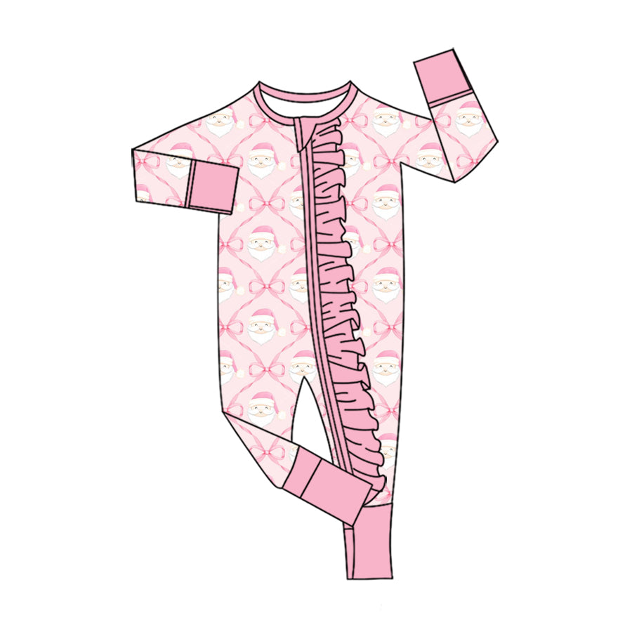 (Preorder new) No moq Baby Girls Christmas Pink Long Sleeve Ruffle Trim Two Way Zipper Convertible Romper