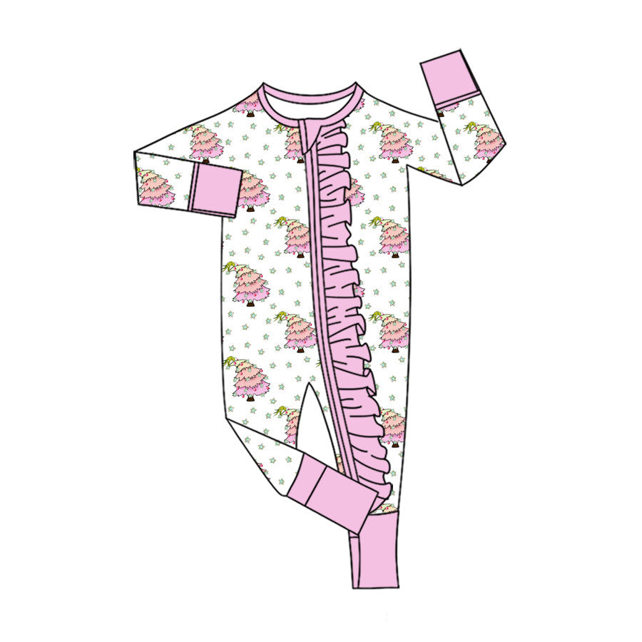 (Preorder new) No moq Baby Girls Christmas Pink Long Sleeve Ruffle Trim Two Way Zipper Convertible Romper