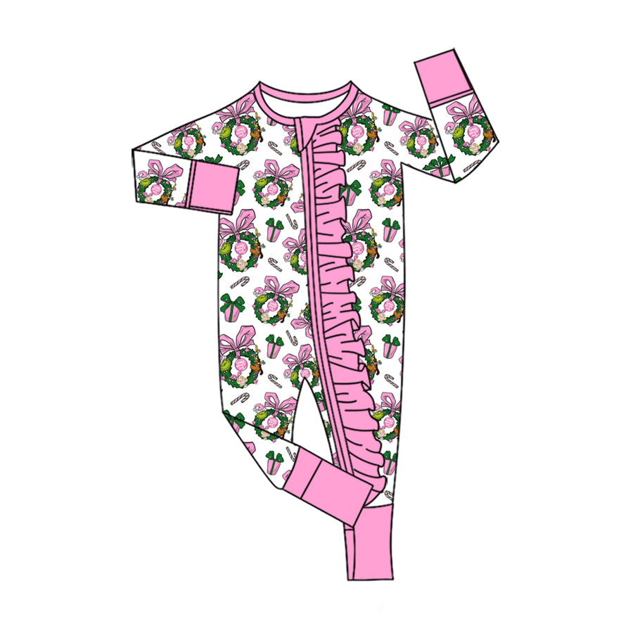 (Preorder new) No moq Baby Girls Christmas Pink Long Sleeve Ruffle Trim Two Way Zipper Convertible Romper