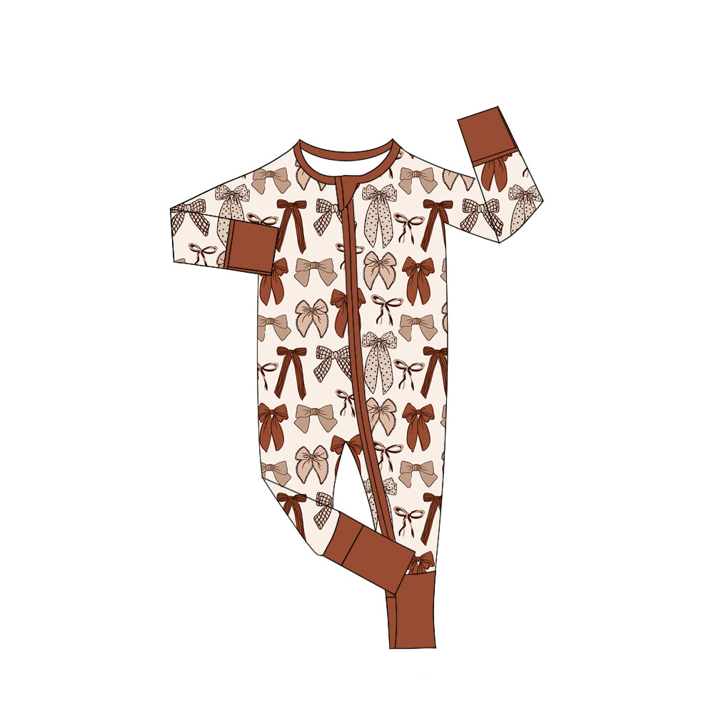 (Preorder new) No moq Baby Kids Brown Bow Print Long Sleeve Pant Outfit Set Matching Long Sleeve Romper