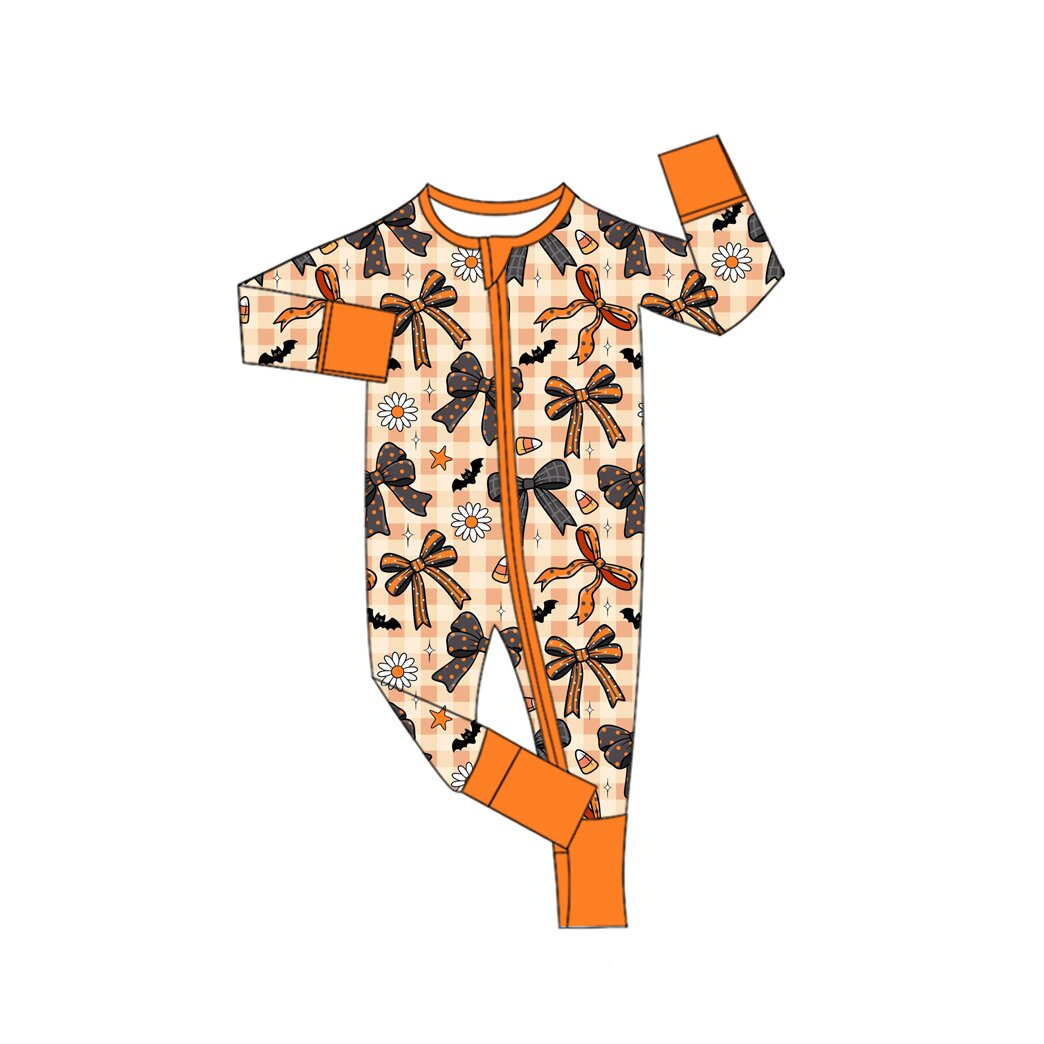 (Preorder new) No moq Baby Girls Halloween Plaid Bow Flower Print Tunic Top Ruffle Pant Set Dress Rompers