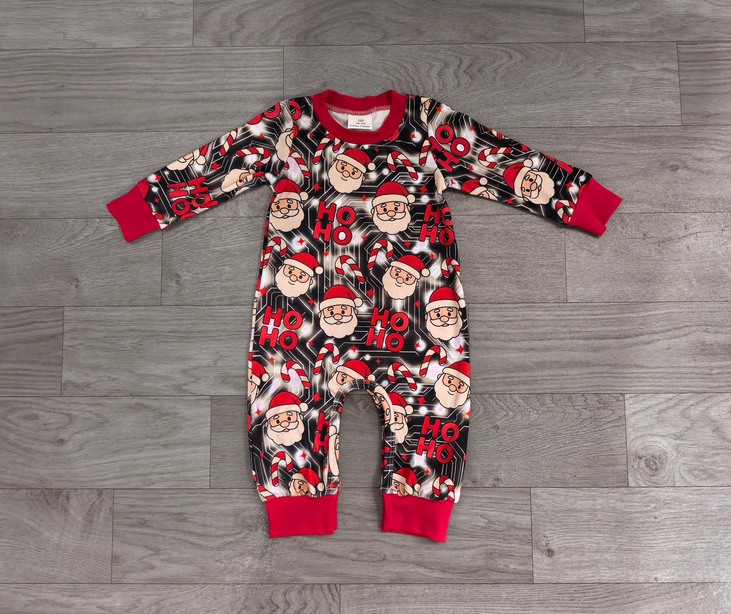 (Sample) No moq milk silk LR3162 Baby Boys Santa Candy Cane Ho Ho Letter Print Long Sleeve Christmas Romper