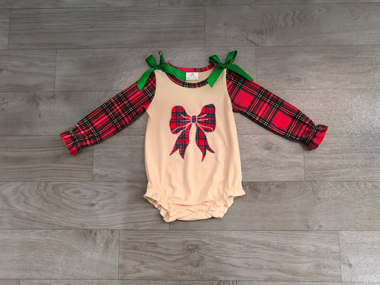 (Sample) No moq milk silk LR3163 Embroidery Checked Bows Baby Girls Red Green Christmas Ruffle Rompers