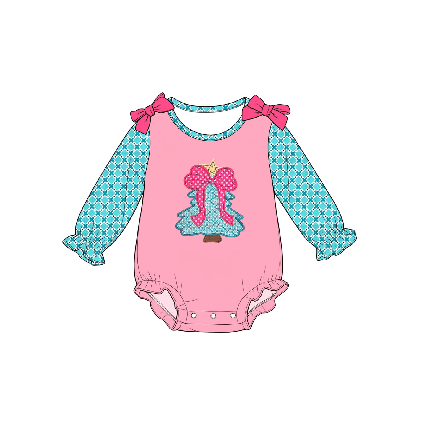 (Preorder new) No moq Baby Girls Christmas Tree Print Long Sleeve Dress Rompers Casual Holiday Outfit