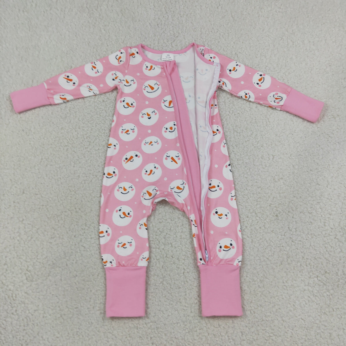 NEW RTS NO MOQ milk silk LR3165 Baby Girls Pink Snowman Print Long Sleeve Zip Christmas Cute Romper