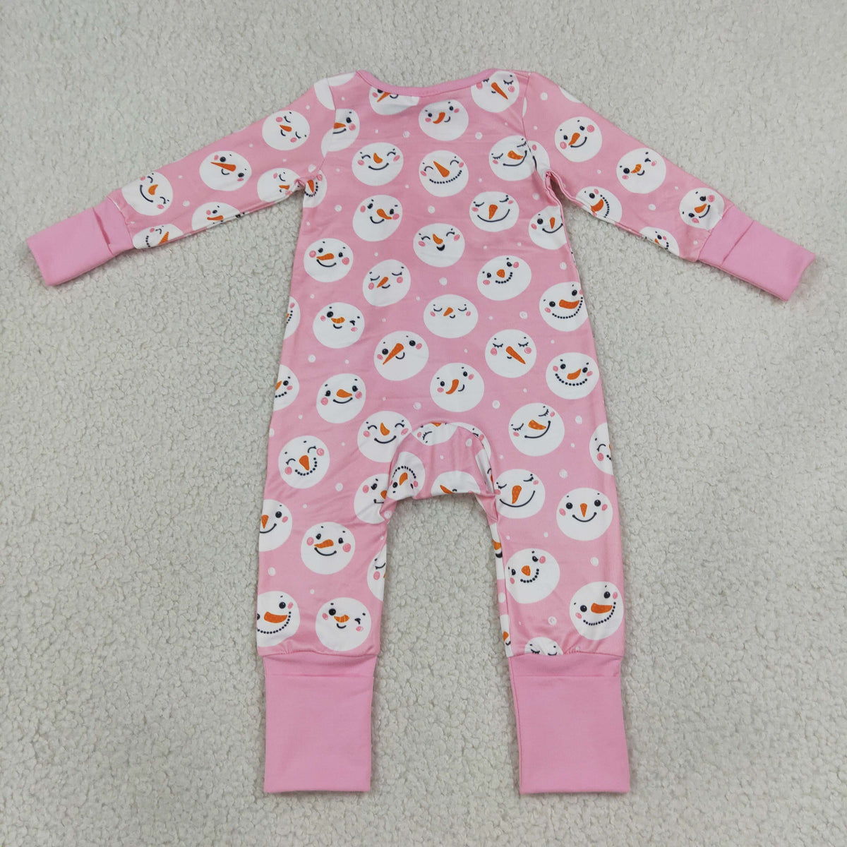 NEW RTS NO MOQ milk silk LR3165 Baby Girls Pink Snowman Print Long Sleeve Zip Christmas Cute Romper