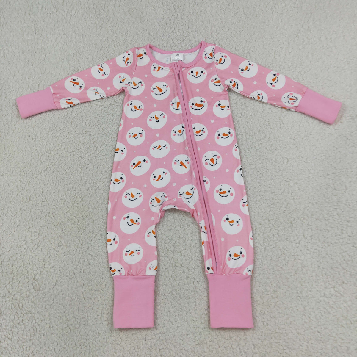 NEW RTS NO MOQ milk silk LR3165 Baby Girls Pink Snowman Print Long Sleeve Zip Christmas Cute Romper