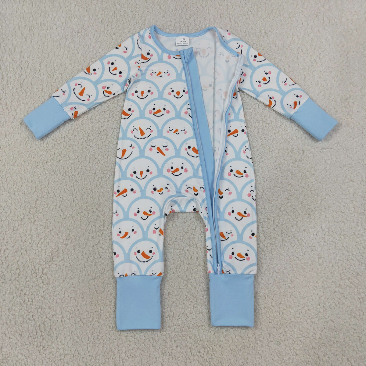 NEW RTS NO MOQ milk silk LR3166 Baby Boys Long Sleeve Blue Snowman Print Two Way Zip Front Convertible Christmas Romper=
