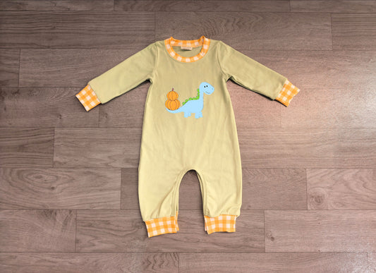 (Sample) No moq milk silk LR3168 Embroidery Pumpkins Dinosaur Baby Boys Fall Pant Rompers Fall Daily Wear Romper