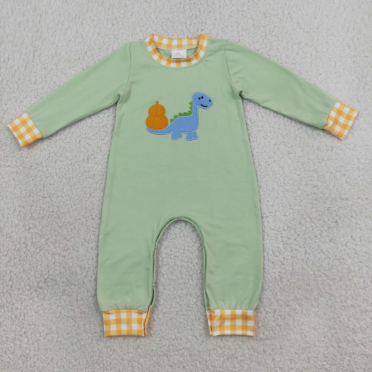 RTS NO MOQ Sibling milk silk Embroidery Baby Boys Dinosaur Pumpkin Gingham Trim Romper and Long Sleeve Top Plaid Pants Set