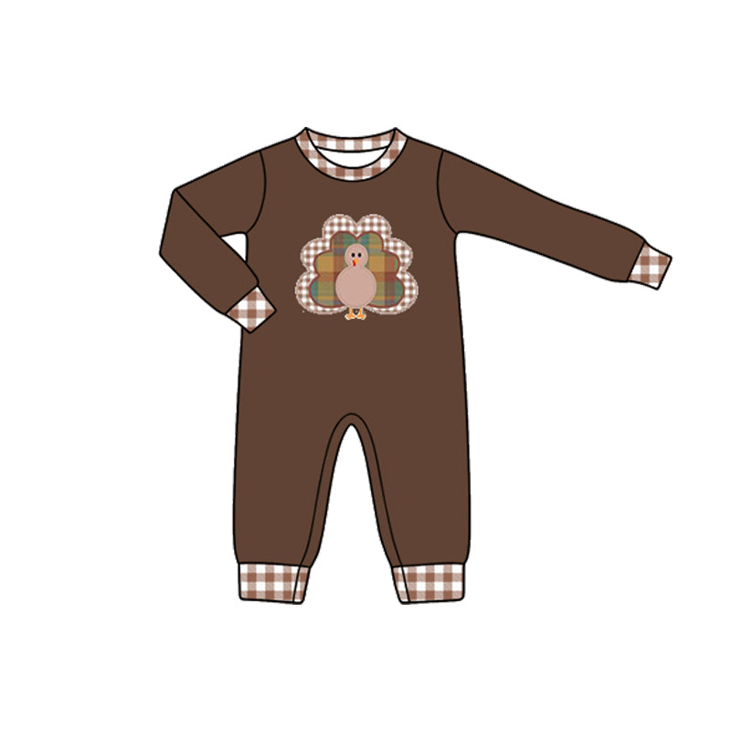(Preorder new) No moq Baby Girls Boys Brown Plaid Turkey Long Sleeve Top Pants Set Rompers