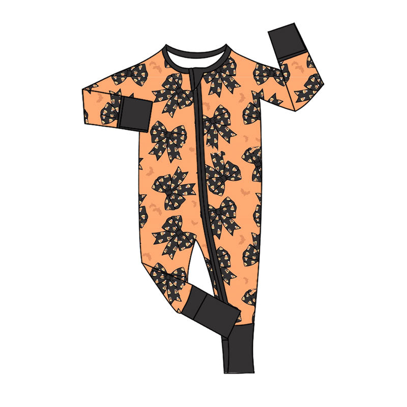 (Preorder new) No moq Baby Girls Orange Halloween Bow Print Long Sleeve Ruffle Top Ruffle Pant Pajamas Set Dress Rompers Blankets