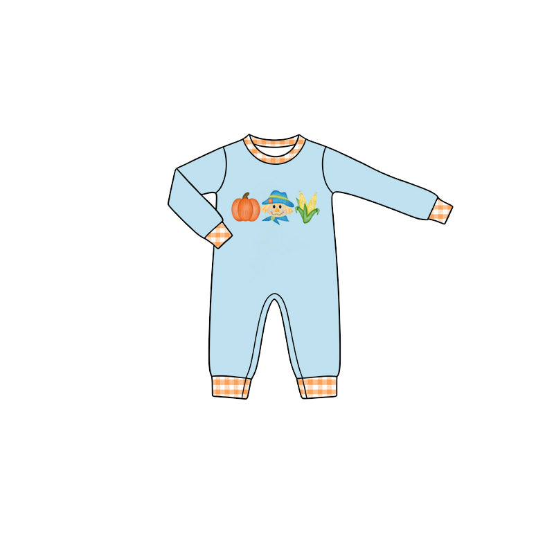 (Preorder new) No moq Baby Girls Boys Fall  Pumpkin Corn Print Long Sleeve Top Orange Gingham Pants Two Piece Outfit Set Rompers