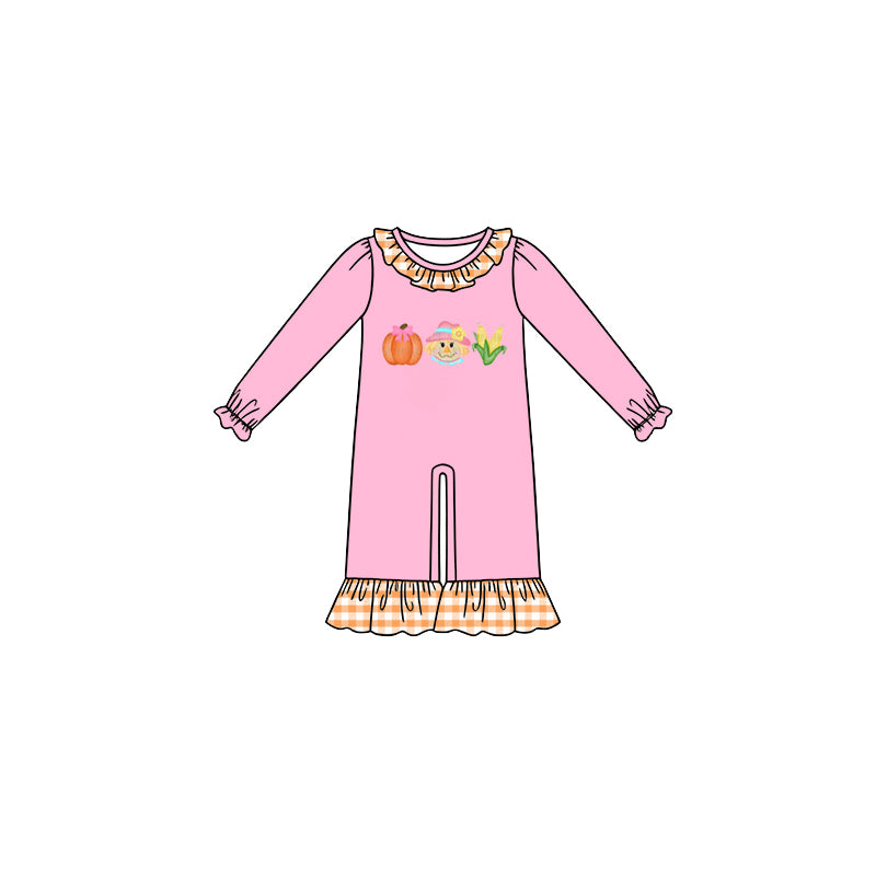 (Preorder new) No moq Baby Girls Boys Fall  Pumpkin Corn Print Long Sleeve Top Orange Gingham Pants Two Piece Outfit Set Rompers