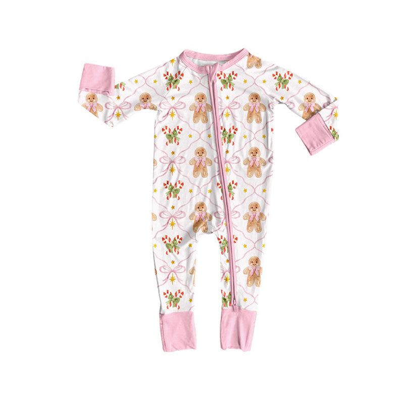 (Preorder new) No moq Baby Girls Pink Trim Gingerbread Man Candy Cane Print Zipper Long Sleeve Christmas Romper