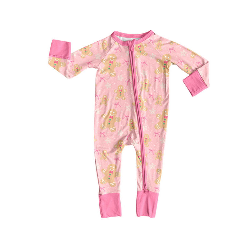 (Preorder new) No moq Baby Girls Pink Trim Gingerbread Man Candy Cane Print Zipper Long Sleeve Christmas Romper