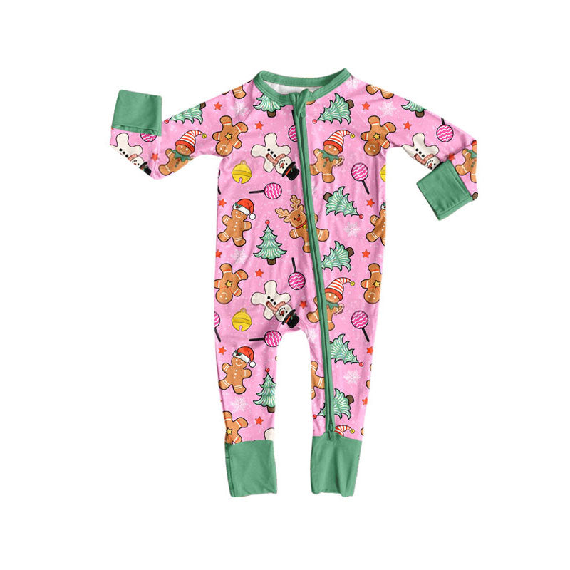 (Preorder new) No moq Baby Girls Pink Trim Gingerbread Man Candy Cane Print Zipper Long Sleeve Christmas Romper