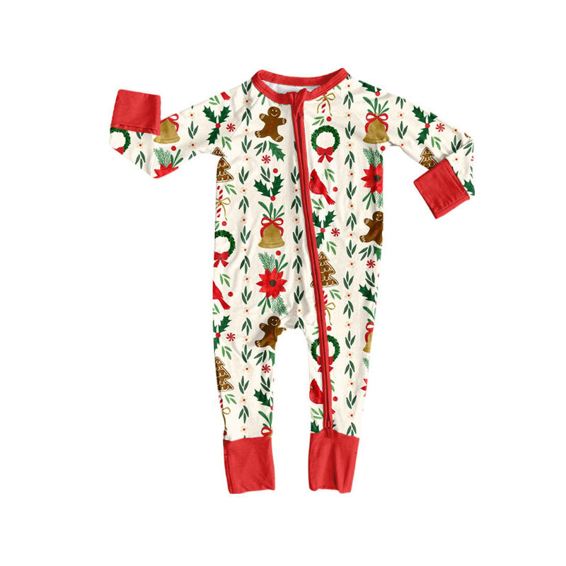 (Preorder new) No moq Baby Girls Pink Trim Gingerbread Man Candy Cane Print Zipper Long Sleeve Christmas Romper