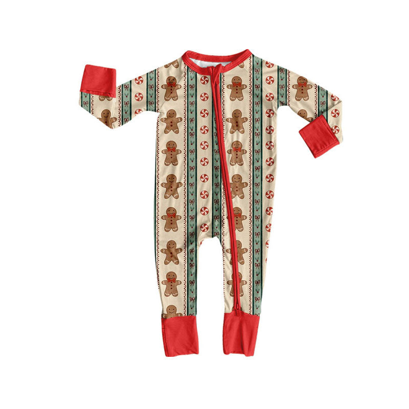 (Preorder new) No moq Baby Girls Pink Trim Gingerbread Man Candy Cane Print Zipper Long Sleeve Christmas Romper