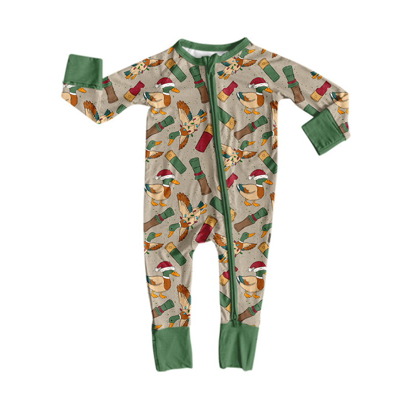 (Preorder new) No moq Boys Duck Print Green Cuff Long Sleeve Two Piece Christmas Hunting Pajama Set Romper Blankets