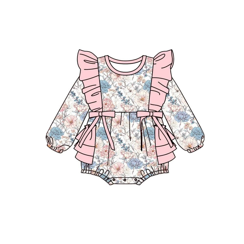 (Preorder new) No moq Baby Girls Western Horse Floral Print Square Neck Puff Short Sleeve Ruffle Hem Dress Rompers