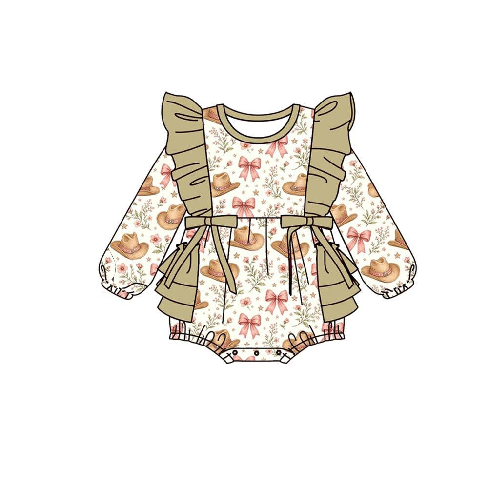 (Preorder new) No moq Baby Girls Western Horse Floral Print Square Neck Puff Short Sleeve Ruffle Hem Dress Rompers