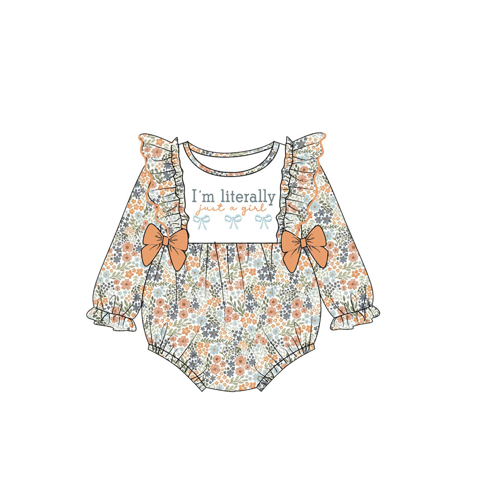 (Preorder new) No moq Baby Girls Fall Floral Print Long Sleeve Dress Letter Bow Ruffle Collar Dress Rompers