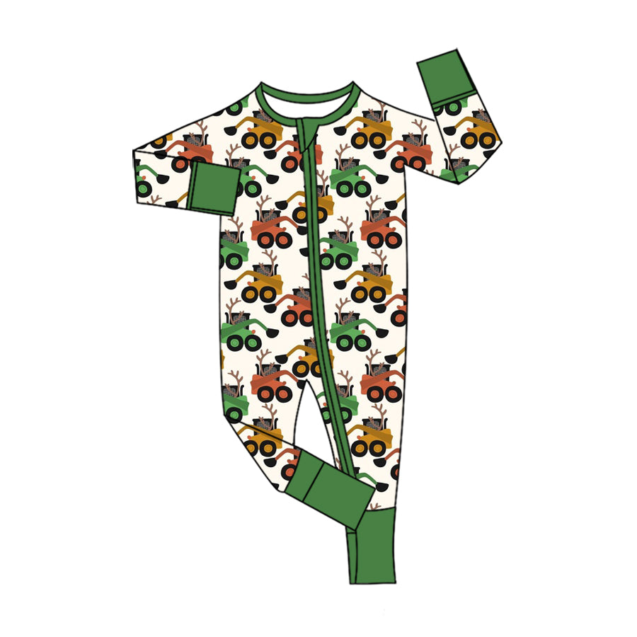 (Preorder new) No moq Baby Christmas Reindeer Wreath Bell Print Long Sleeve Zipper Romper