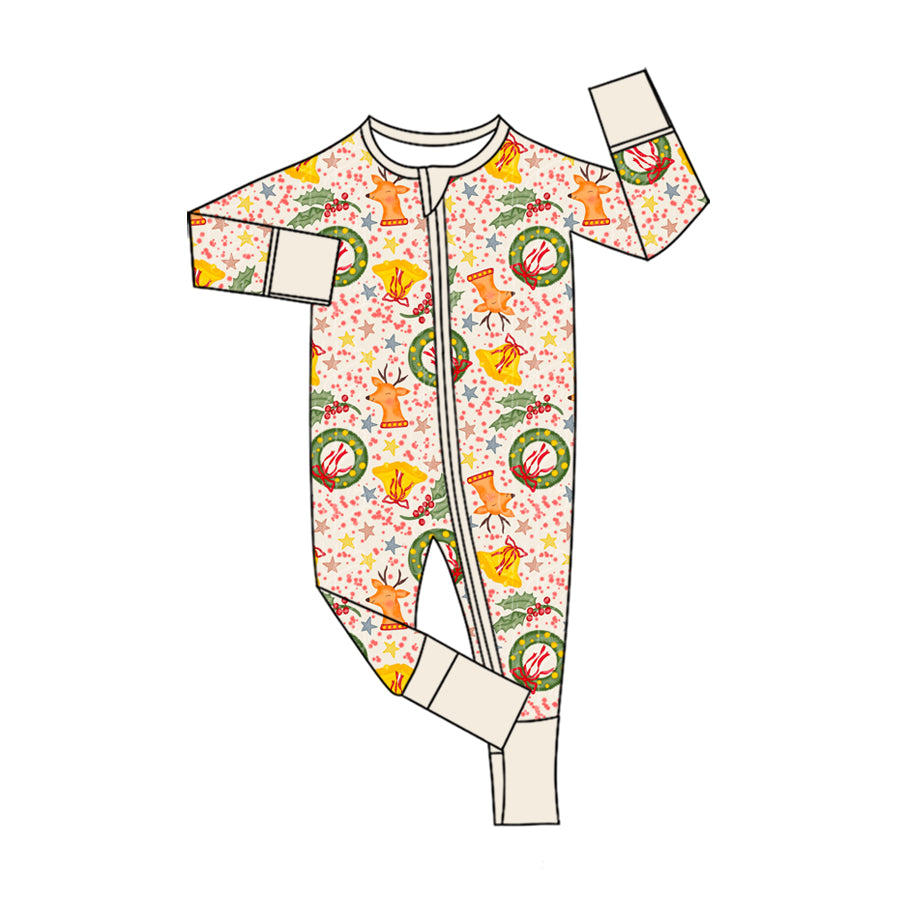 (Preorder new) No moq Baby Christmas Reindeer Wreath Bell Print Long Sleeve Zipper Romper