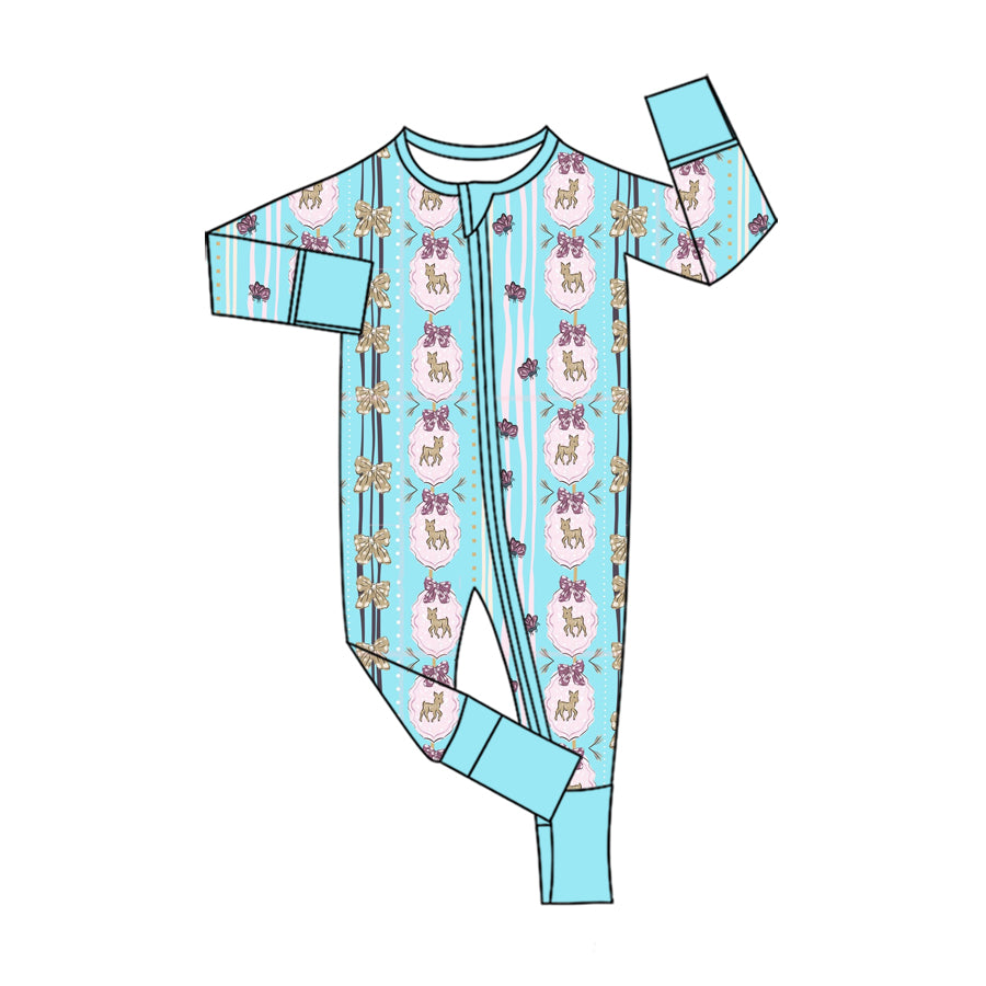 (Preorder new) No moq Baby Christmas Reindeer Wreath Bell Print Long Sleeve Zipper Romper