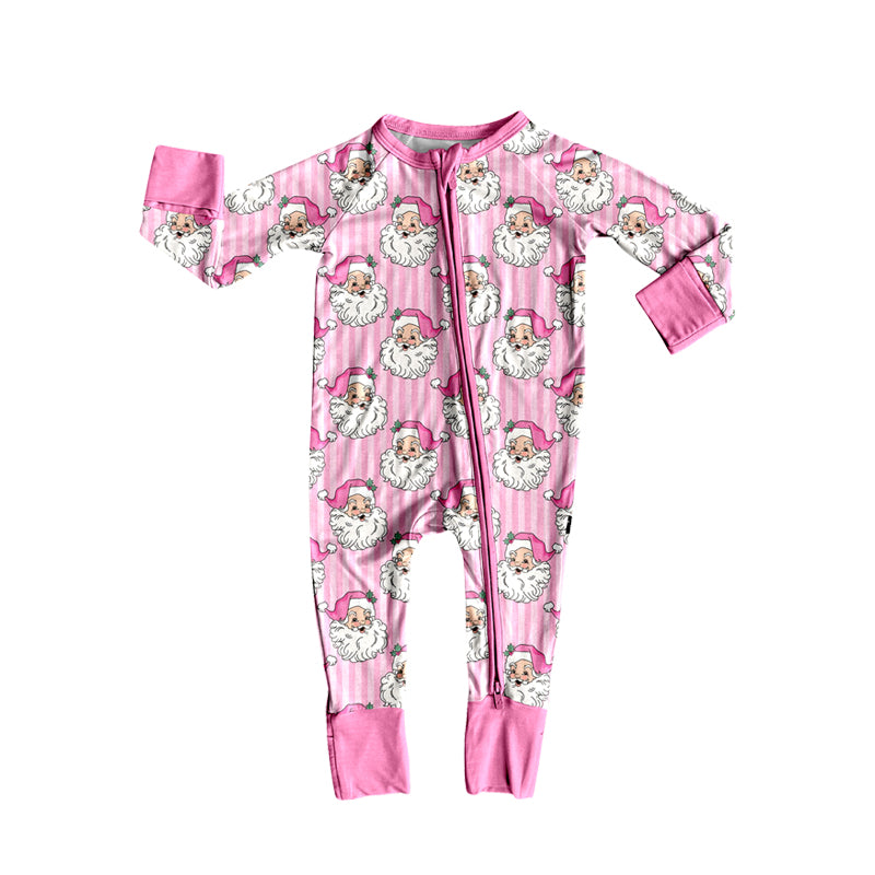 (Preorder new) No moq Baby Girls Christmas Pink Striped Santa Claus Print Long Sleeve Top And Pants Pajama Set Rompers