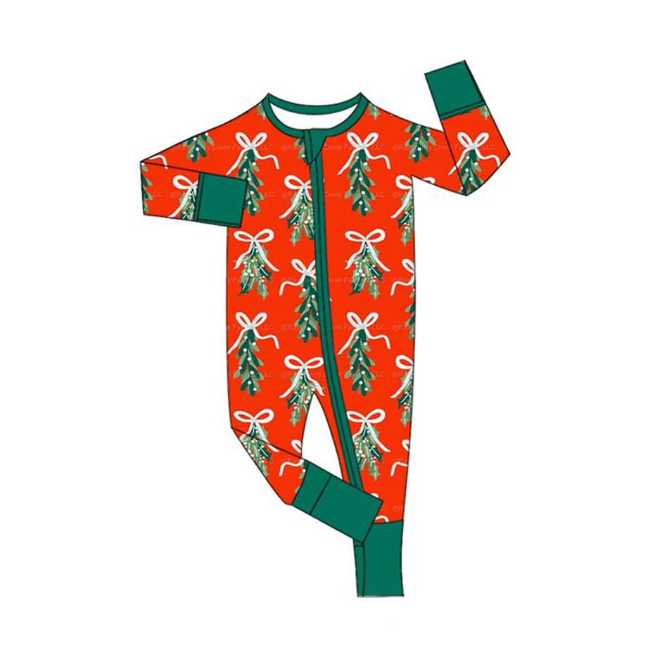 (Preorder new) No moq Baby Girls Christmas Bow Print Long Sleeve Top And Pants Pajama Set Rompers Dress Blankets Red Base Family Holiday Sleepwear