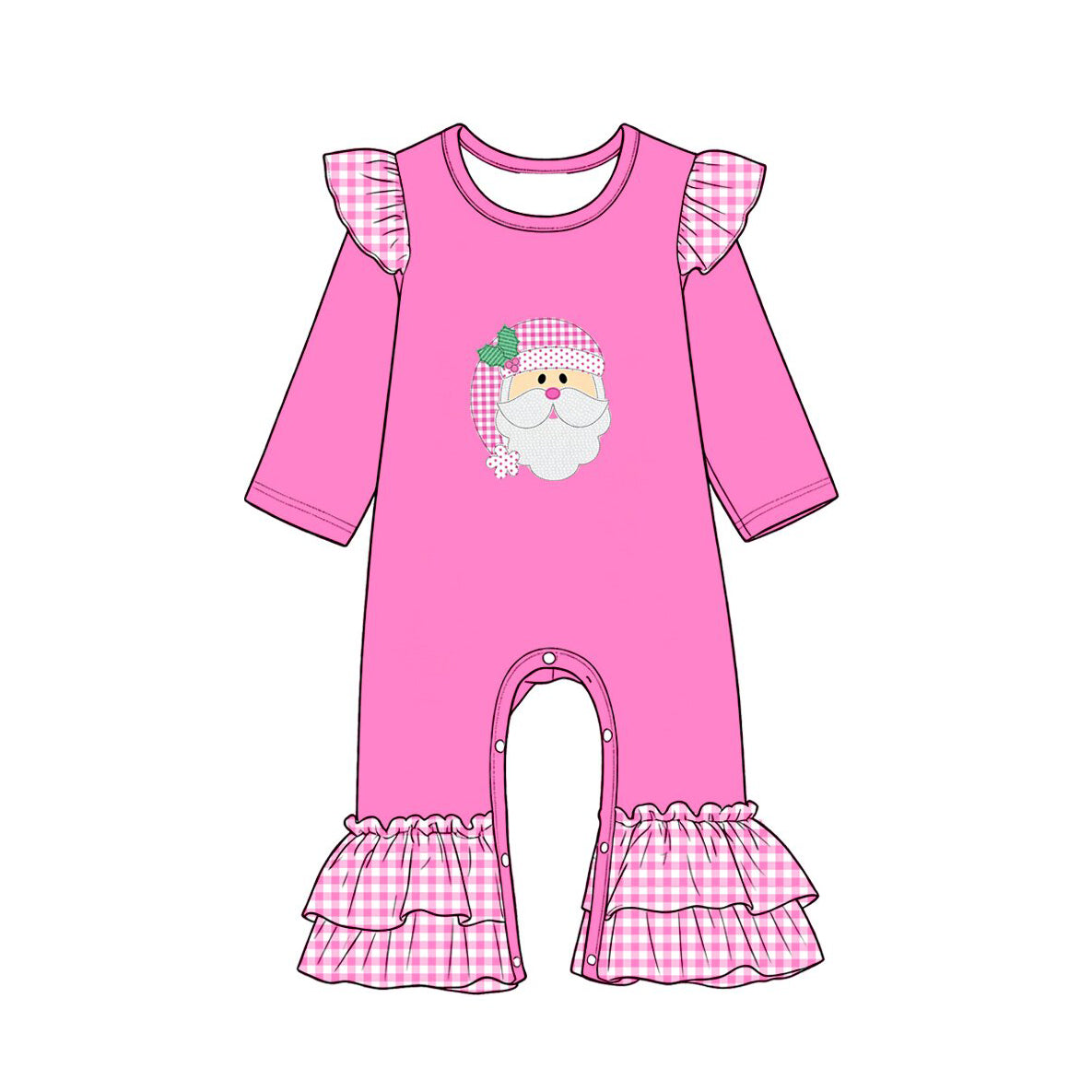 (Preorder new) No moq Baby Girls Pink Santa Claus Print Long Sleeve Sweatshirt Pink Gingham Ruffle Bow Flare Pants Set Rompers