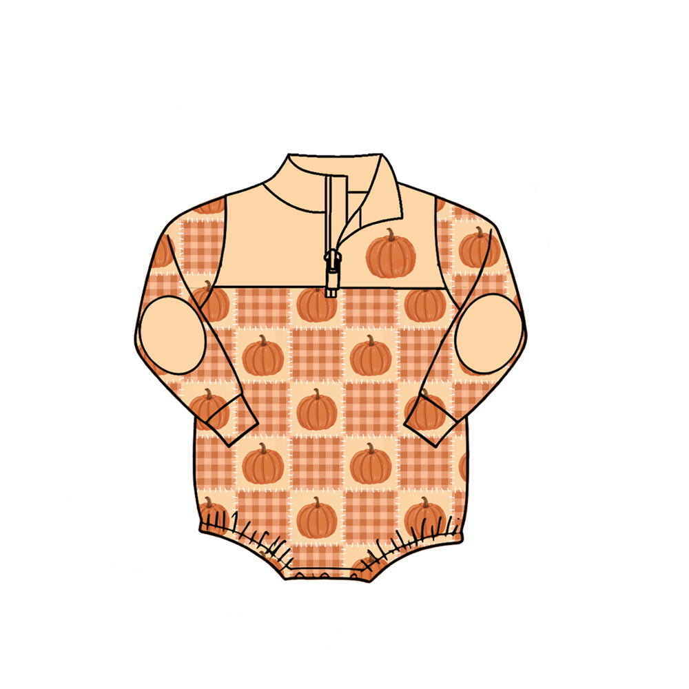 (Preorder new) No moq Baby Halloween Pumpkin Bat Print Quarter Zip Color Block Romper