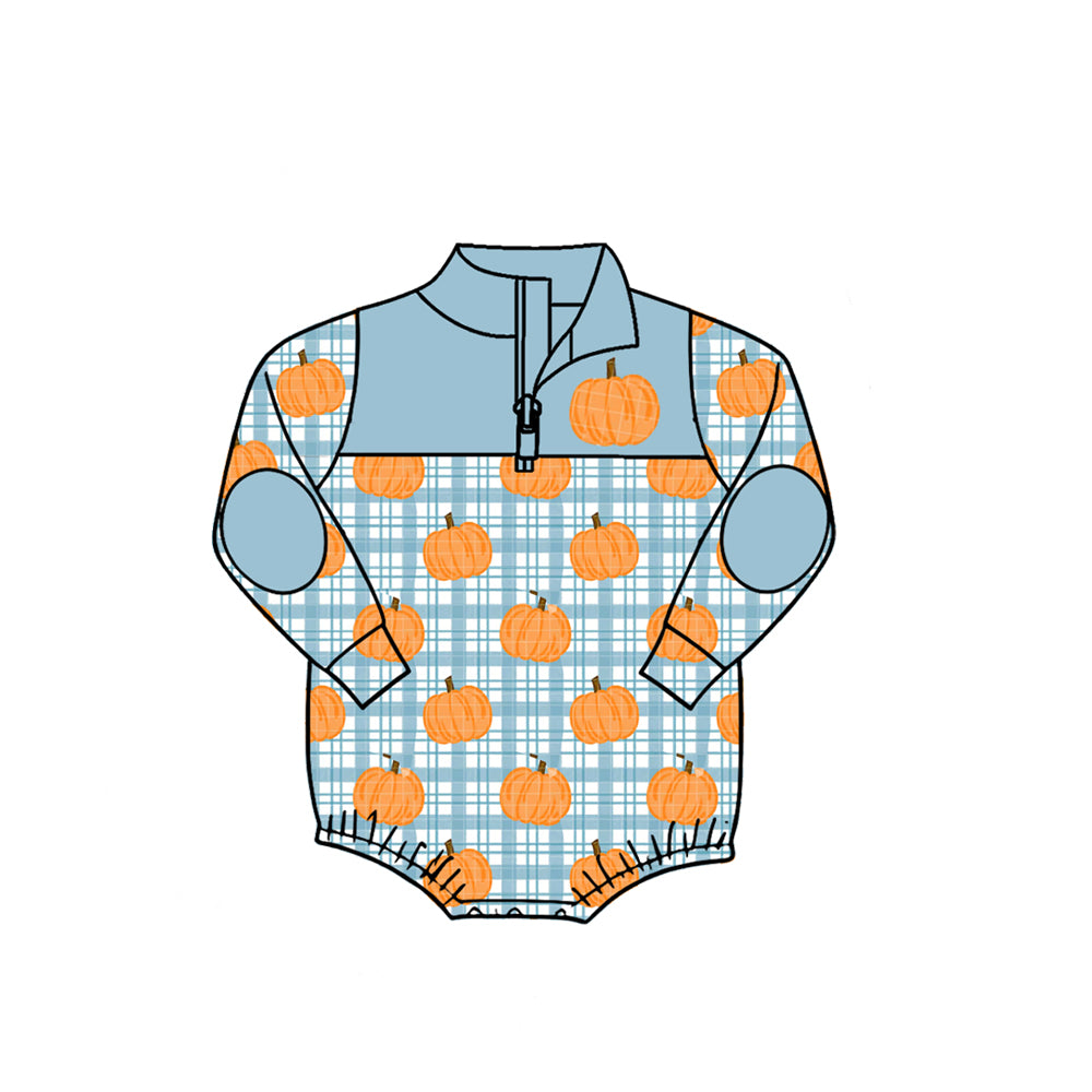 (Preorder new) No moq Baby Halloween Pumpkin Bat Print Quarter Zip Color Block Romper