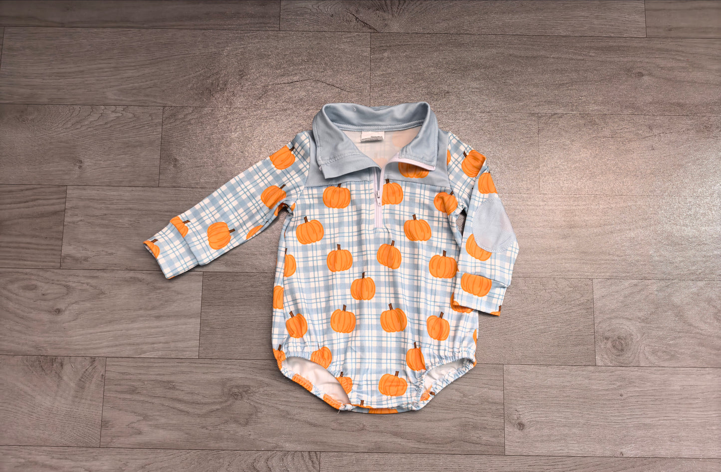 (Sample) No moq milk silk LR3201 Baby Boys Blue Checked Pumpkins Fall Zip Long Sleeve Rompers