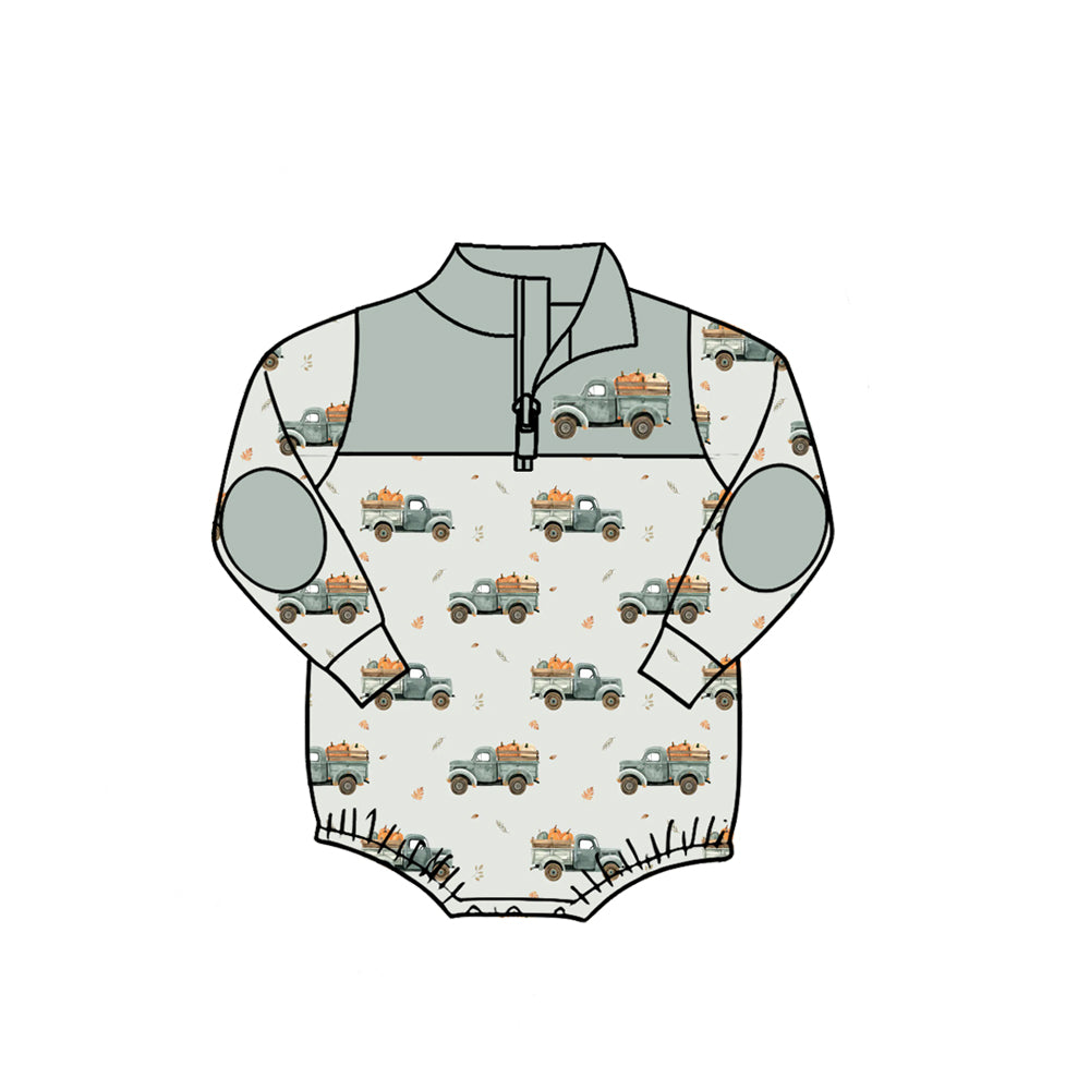 (Preorder new) No moq Baby Halloween Pumpkin Bat Print Quarter Zip Color Block Romper