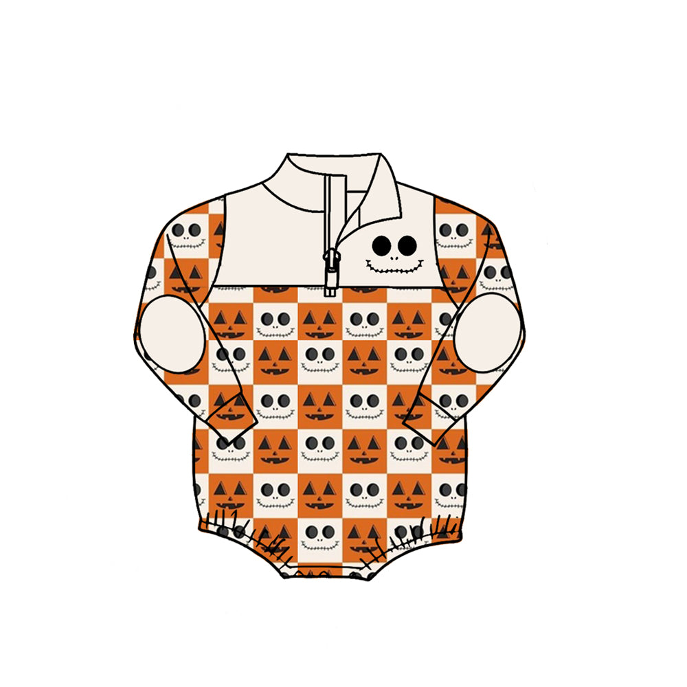 (Preorder new) No moq Baby Halloween Pumpkin Bat Print Quarter Zip Color Block Romper