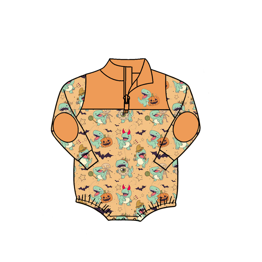 (Preorder new) No moq Baby Halloween Pumpkin Bat Print Quarter Zip Color Block Romper
