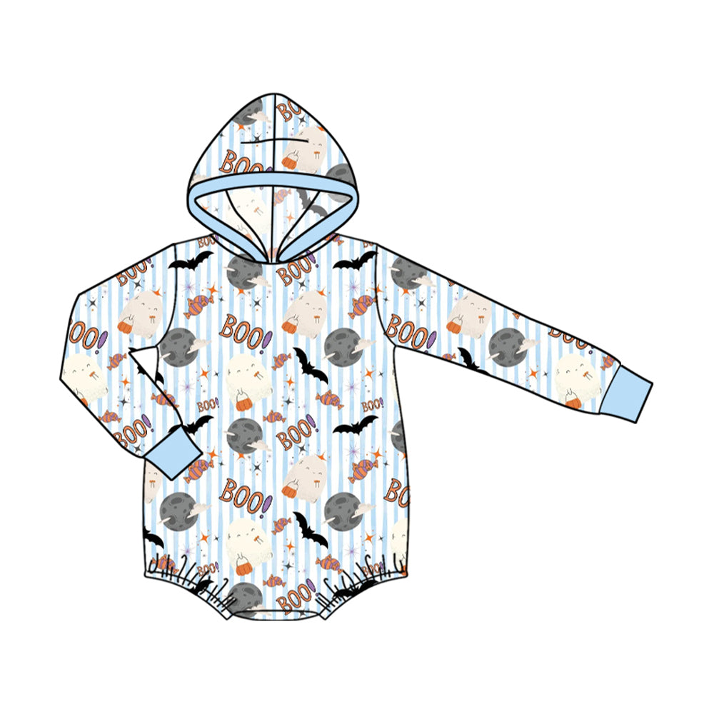 (Preorder new) No moq Baby Boys Halloweens Blue Stripe Boo Bats Print Zip Pullover Pocket Top Matching Jogger Set Rompers