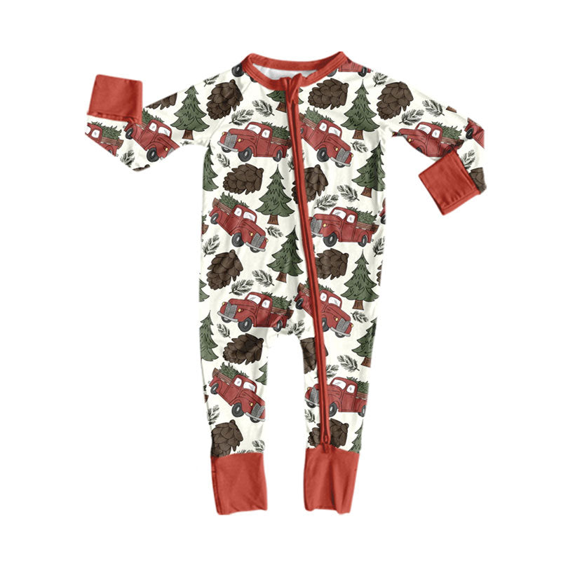 (Preorder new) No moq Boys Red Truck Christmas Tree Pine Cone Print Long Sleeve Matching Pajamas Set Romper Blankets