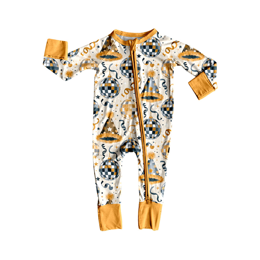 (Preorder new) No moq Baby Toddler New Year Disco Ball Print Outfit Kids Pajamas Zipper Romper Long Sleeve Swing Dress