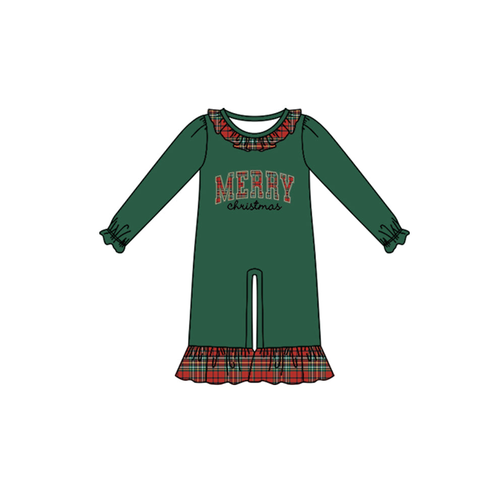 (Preorder new) No moq Baby Merry Christmas Letter Print Kids Outfit Dark Green Top Red Plaid Pants Matching Zipper Romper